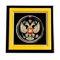 Тарелка бронзовая в деревянной рамке, под стеклом "Герб России"